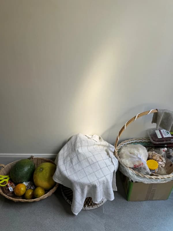 A sunlit table with fruit, a basket, and a cloth-covered offering.